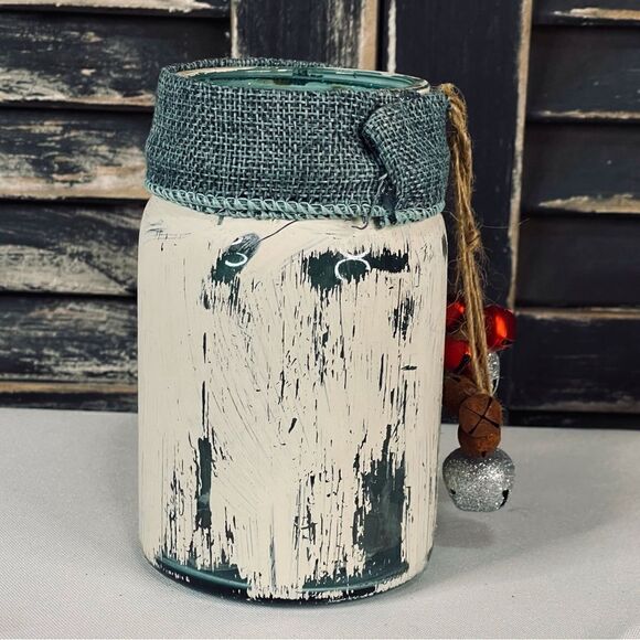 Hand-Painted Cream Color Antique Ball Pint Blue Mason Jar with Burlap & Bells - Picture 4 of 5
